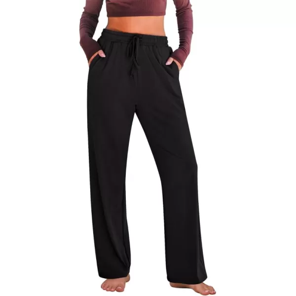 GRAPENT Womens Pants High Waisted Lounge Wide Leg Pull On Casual Drawstring Pj Bottoms Baggy Pajama Pants LoungewearBlack