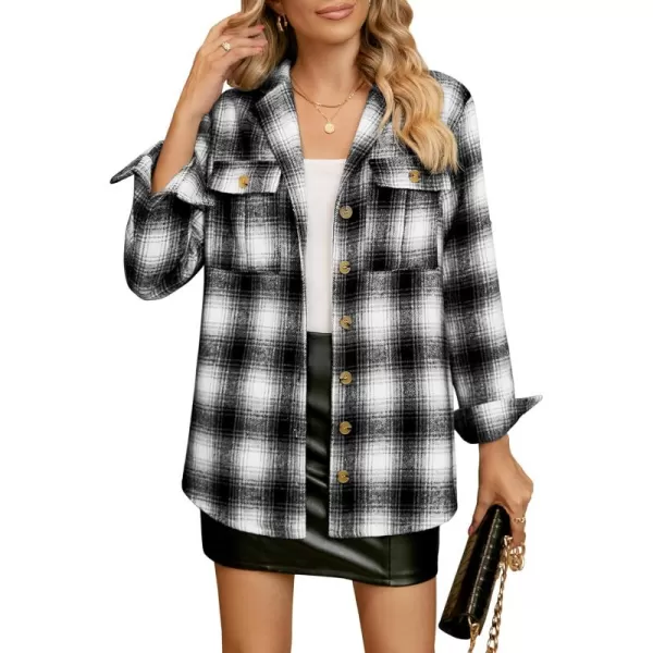 GRAPENT Womens Plaid Flannel Shacket Jacket Button Down Shirt Jackets Long Sleeve CoatsBlack Plaid