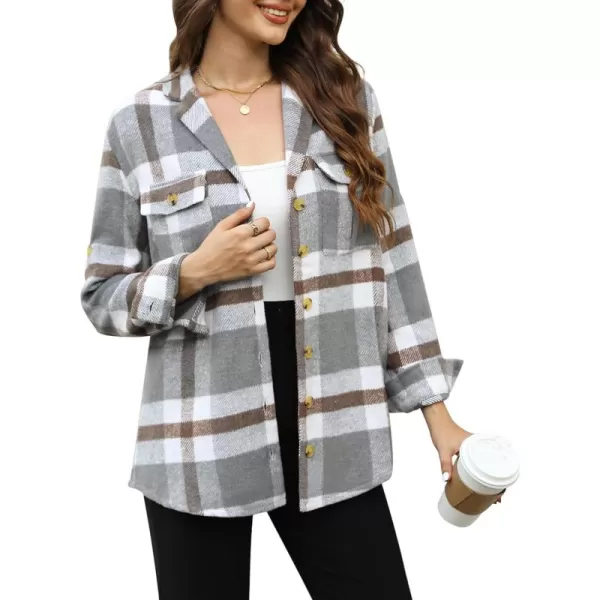 GRAPENT Womens Plaid Flannel Shacket Jacket Button Down Shirt Jackets Long Sleeve CoatsGray Plaid