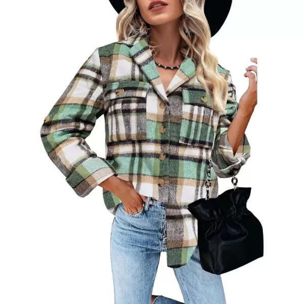 GRAPENT Womens Plaid Flannel Shacket Jacket Button Down Shirt Jackets Long Sleeve CoatsGreen