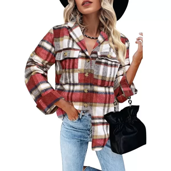 GRAPENT Womens Plaid Flannel Shacket Jacket Button Down Shirt Jackets Long Sleeve CoatsRed