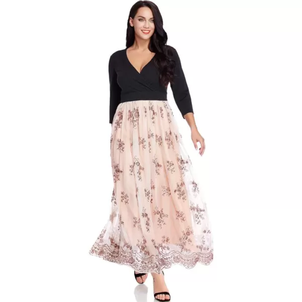 GRAPENT Womens Plus Size Sequin 34 Sleeves Evening Gown Party Long Maxi DressBeige Pink