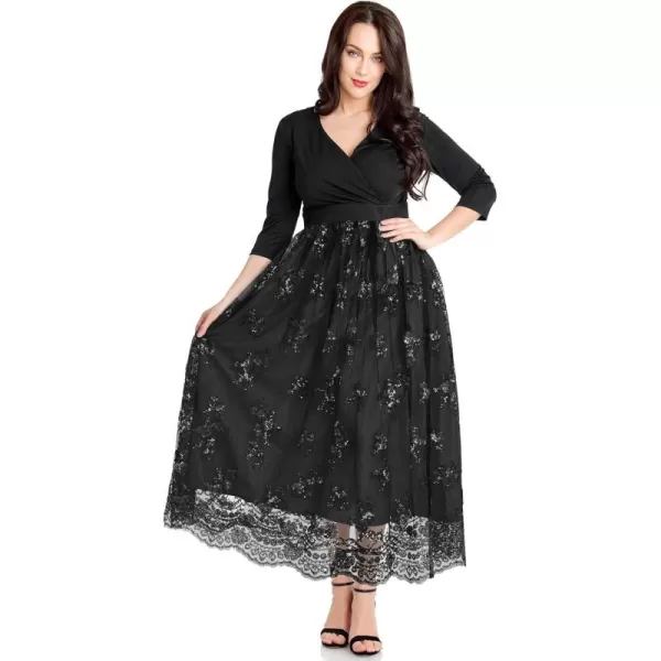 GRAPENT Womens Plus Size Sequin 34 Sleeves Evening Gown Party Long Maxi DressBlack