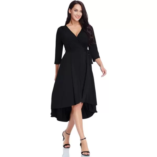 GRAPENT Womens Plus Size Solid V Neck Knee Length 34 Sleeve Hi Lo True Wrap DressBlack  Faux Wrap