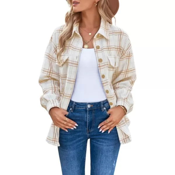 GRAPENT Womens Shacket Jacket Oversized Plaid Flannel Button Down Shirt Jackets Long Sleeve CoatsAlmond Cream Plaid