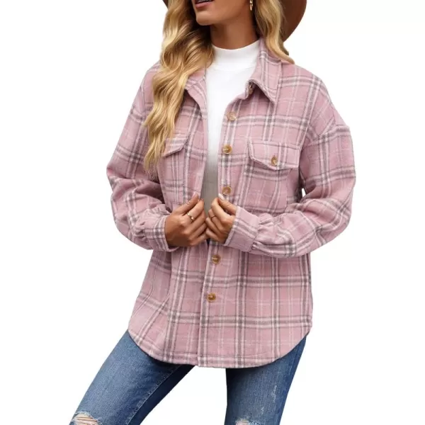 GRAPENT Womens Shacket Jacket Oversized Plaid Flannel Button Down Shirt Jackets Long Sleeve CoatsBleached Mauve Plaid