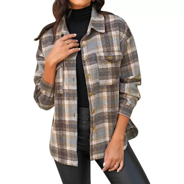 GRAPENT Womens Shacket Jacket Oversized Plaid Flannel Button Down Shirt Jackets Long Sleeve CoatsKhaki Brown Plaid