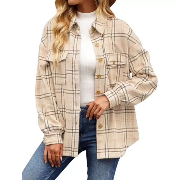 GRAPENT Womens Shacket Jacket Oversized Plaid Flannel Button Down Shirt Jackets Long Sleeve CoatsSand Beige Plaid