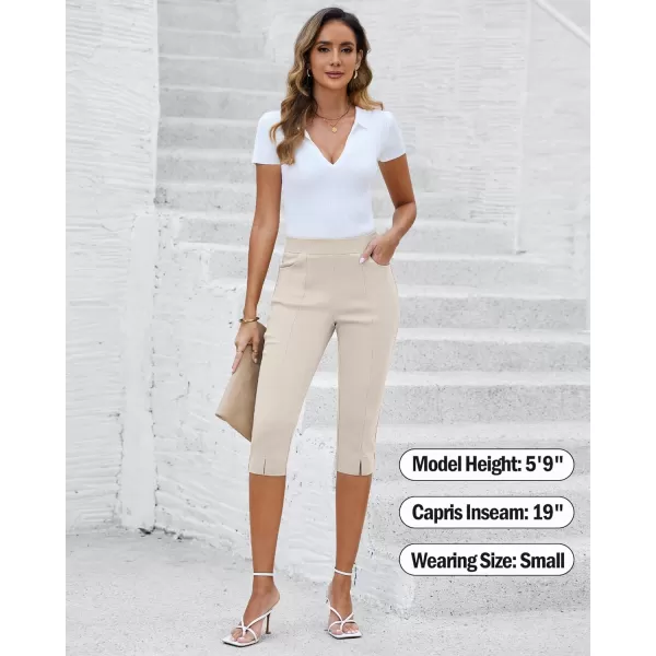 GRAPENT Capri Pants for Women High Waisted Pull On Elastic Waist Dressy Casual Stretchy Capris Trousers Pants PocketsAlmond Milk