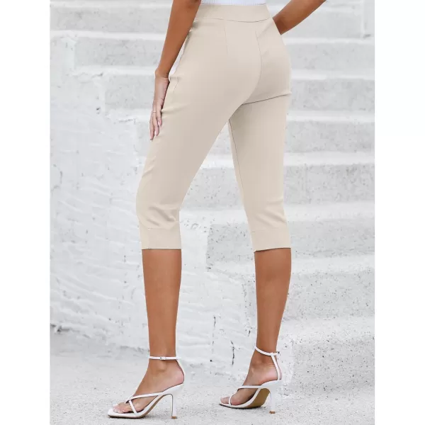 GRAPENT Capri Pants for Women High Waisted Pull On Elastic Waist Dressy Casual Stretchy Capris Trousers Pants PocketsAlmond Milk