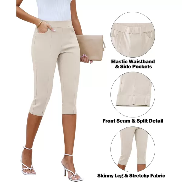 GRAPENT Capri Pants for Women High Waisted Pull On Elastic Waist Dressy Casual Stretchy Capris Trousers Pants PocketsAlmond Milk