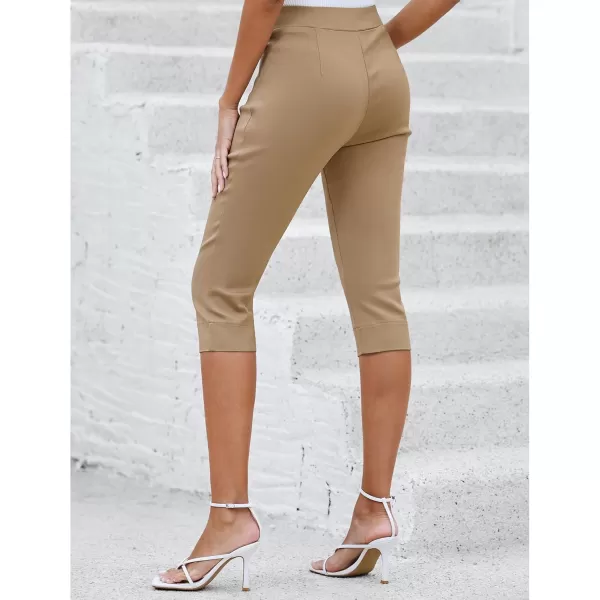 GRAPENT Capri Pants for Women High Waisted Pull On Elastic Waist Dressy Casual Stretchy Capris Trousers Pants PocketsBeige