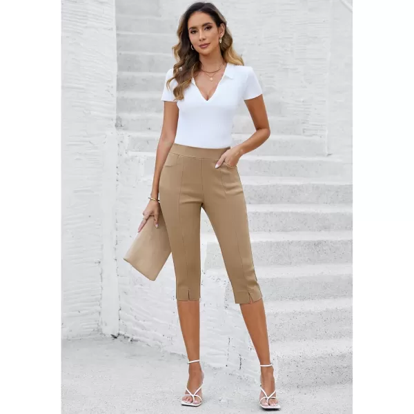 GRAPENT Capri Pants for Women High Waisted Pull On Elastic Waist Dressy Casual Stretchy Capris Trousers Pants PocketsBeige