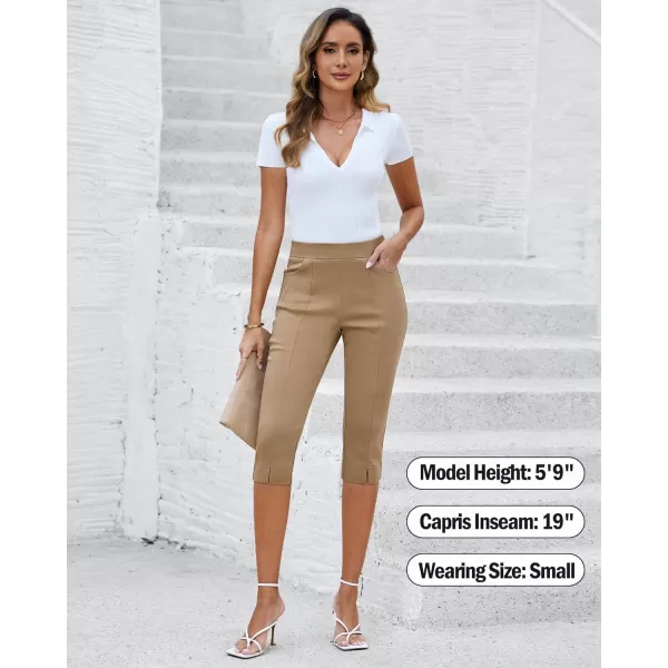 GRAPENT Capri Pants for Women High Waisted Pull On Elastic Waist Dressy Casual Stretchy Capris Trousers Pants PocketsBeige
