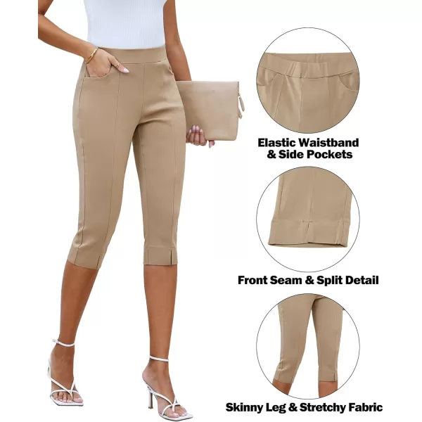 GRAPENT Capri Pants for Women High Waisted Pull On Elastic Waist Dressy Casual Stretchy Capris Trousers Pants PocketsBeige