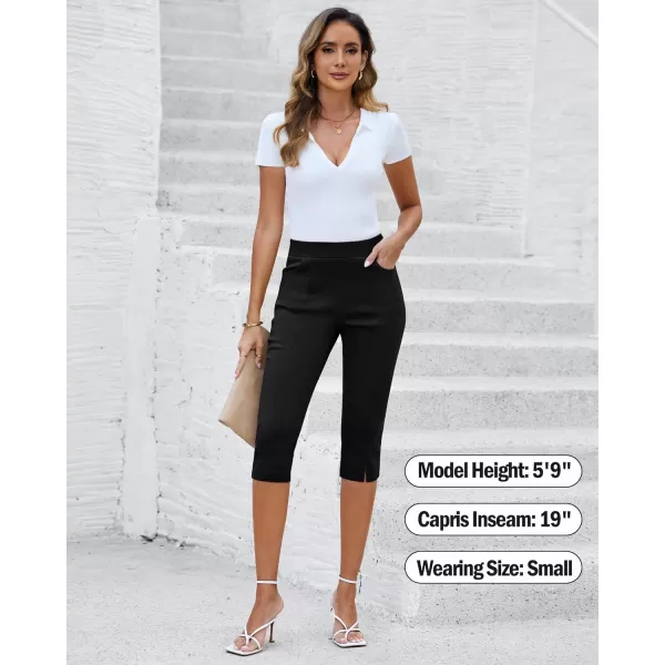 GRAPENT Capri Pants for Women High Waisted Pull On Elastic Waist Dressy Casual Stretchy Capris Trousers Pants PocketsBlack