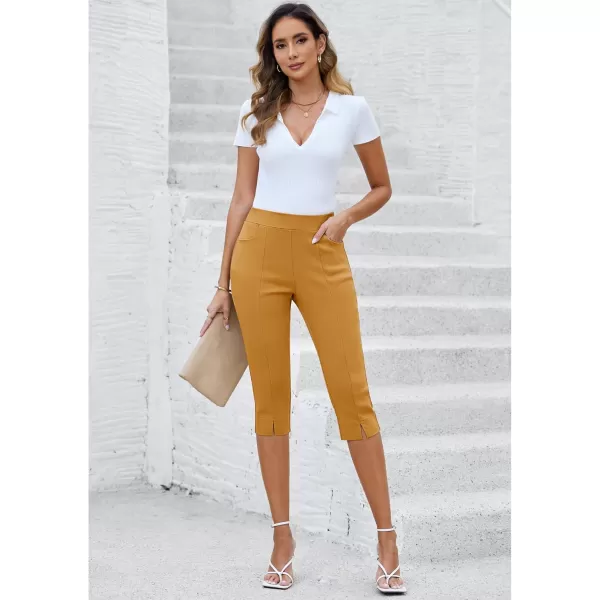GRAPENT Capri Pants for Women High Waisted Pull On Elastic Waist Dressy Casual Stretchy Capris Trousers Pants PocketsGolden Glow