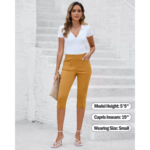 GRAPENT Capri Pants for Women High Waisted Pull On Elastic Waist Dressy Casual Stretchy Capris Trousers Pants PocketsGolden Glow