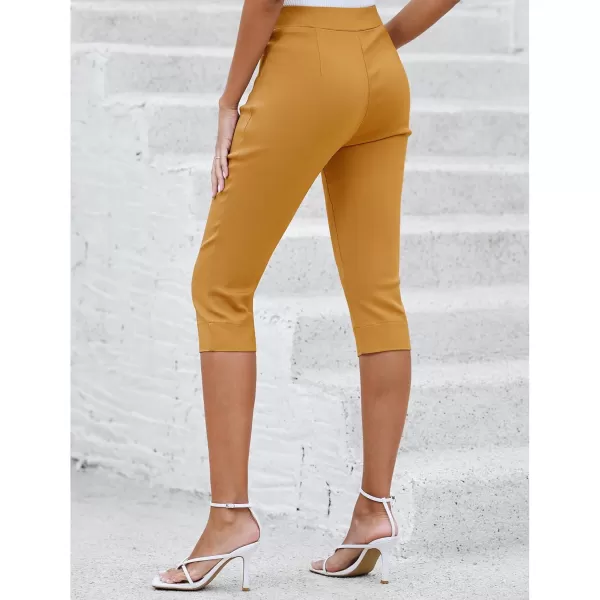 GRAPENT Capri Pants for Women High Waisted Pull On Elastic Waist Dressy Casual Stretchy Capris Trousers Pants PocketsGolden Glow