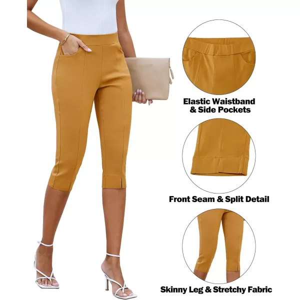 GRAPENT Capri Pants for Women High Waisted Pull On Elastic Waist Dressy Casual Stretchy Capris Trousers Pants PocketsGolden Glow
