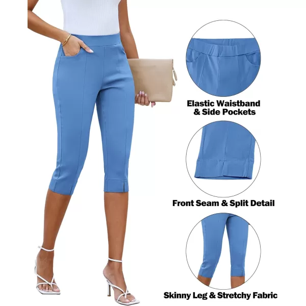 GRAPENT Capri Pants for Women High Waisted Pull On Elastic Waist Dressy Casual Stretchy Capris Trousers Pants PocketsHeritage Blue