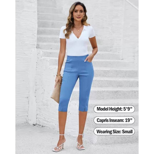 GRAPENT Capri Pants for Women High Waisted Pull On Elastic Waist Dressy Casual Stretchy Capris Trousers Pants PocketsHeritage Blue