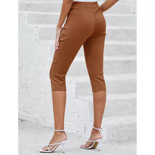 GRAPENT Capri Pants for Women High Waisted Pull On Elastic Waist Dressy Casual Stretchy Capris Trousers Pants PocketsLeather Brown