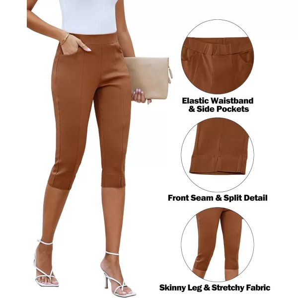 GRAPENT Capri Pants for Women High Waisted Pull On Elastic Waist Dressy Casual Stretchy Capris Trousers Pants PocketsLeather Brown