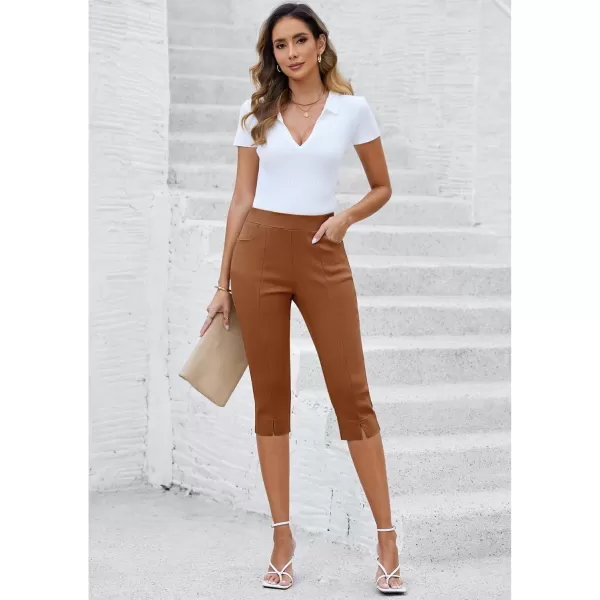 GRAPENT Capri Pants for Women High Waisted Pull On Elastic Waist Dressy Casual Stretchy Capris Trousers Pants PocketsLeather Brown