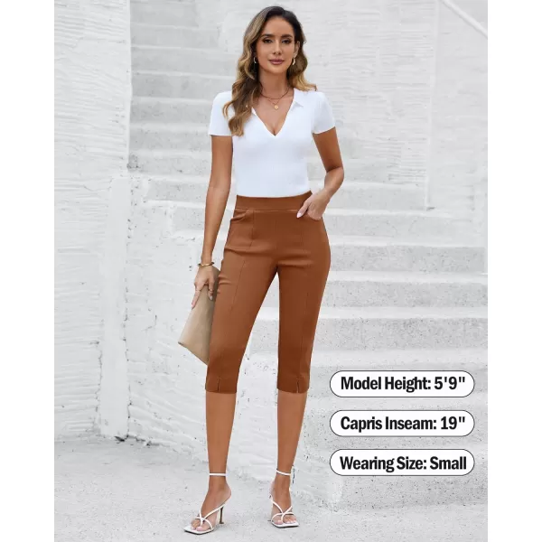 GRAPENT Capri Pants for Women High Waisted Pull On Elastic Waist Dressy Casual Stretchy Capris Trousers Pants PocketsLeather Brown