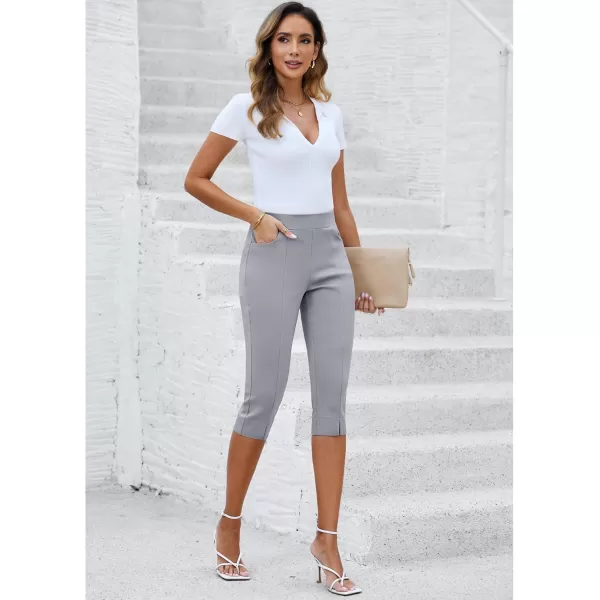 GRAPENT Capri Pants for Women High Waisted Pull On Elastic Waist Dressy Casual Stretchy Capris Trousers Pants PocketsLight Gray