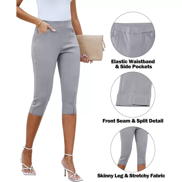 GRAPENT Capri Pants for Women High Waisted Pull On Elastic Waist Dressy Casual Stretchy Capris Trousers Pants PocketsLight Gray