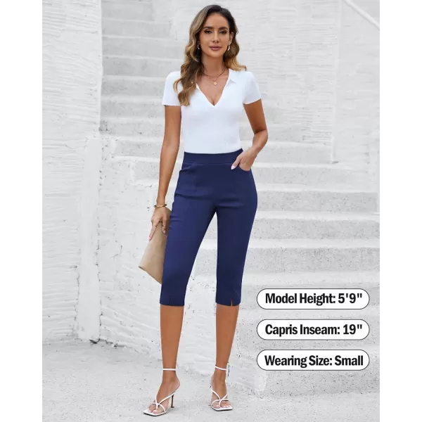 GRAPENT Capri Pants for Women High Waisted Pull On Elastic Waist Dressy Casual Stretchy Capris Trousers Pants PocketsNavy Blue