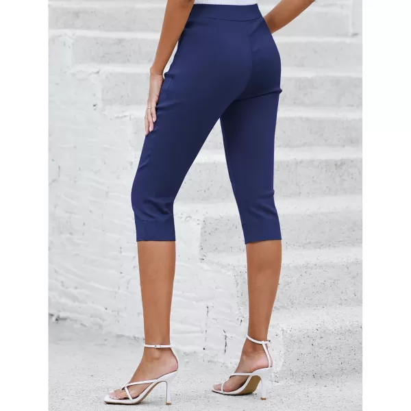 GRAPENT Capri Pants for Women High Waisted Pull On Elastic Waist Dressy Casual Stretchy Capris Trousers Pants PocketsNavy Blue