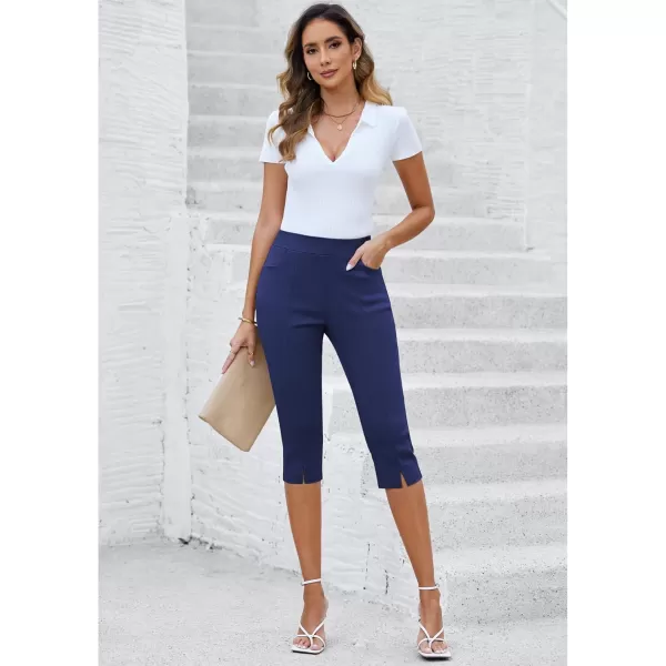 GRAPENT Capri Pants for Women High Waisted Pull On Elastic Waist Dressy Casual Stretchy Capris Trousers Pants PocketsNavy Blue