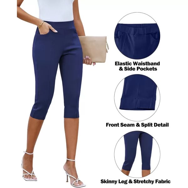 GRAPENT Capri Pants for Women High Waisted Pull On Elastic Waist Dressy Casual Stretchy Capris Trousers Pants PocketsNavy Blue