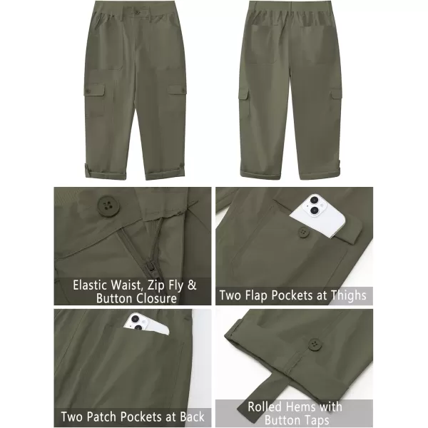 GRAPENT Cargo Capri Pants for Women High Waisted Relaxed Fit Elastic Knit Waist Casual Capris Trousers Cropped PantsArmy Green