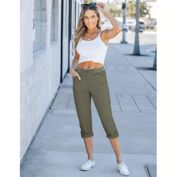 GRAPENT Cargo Capri Pants for Women High Waisted Relaxed Fit Elastic Knit Waist Casual Capris Trousers Cropped PantsArmy Green