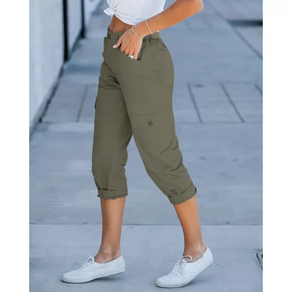 GRAPENT Cargo Capri Pants for Women High Waisted Relaxed Fit Elastic Knit Waist Casual Capris Trousers Cropped PantsArmy Green