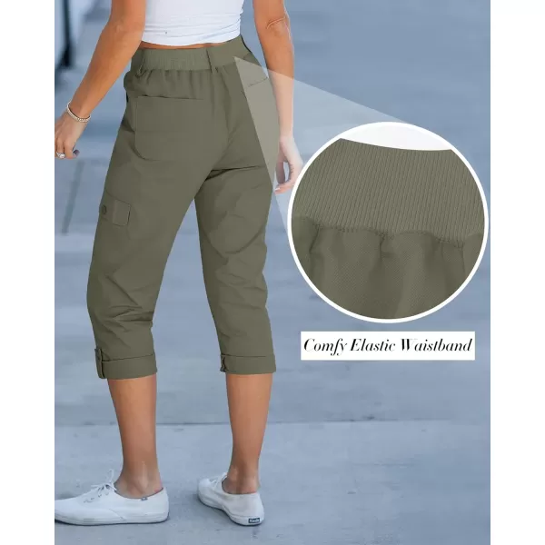 GRAPENT Cargo Capri Pants for Women High Waisted Relaxed Fit Elastic Knit Waist Casual Capris Trousers Cropped PantsArmy Green