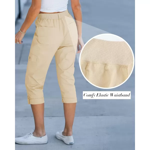 GRAPENT Cargo Capri Pants for Women High Waisted Relaxed Fit Elastic Knit Waist Casual Capris Trousers Cropped PantsBeige