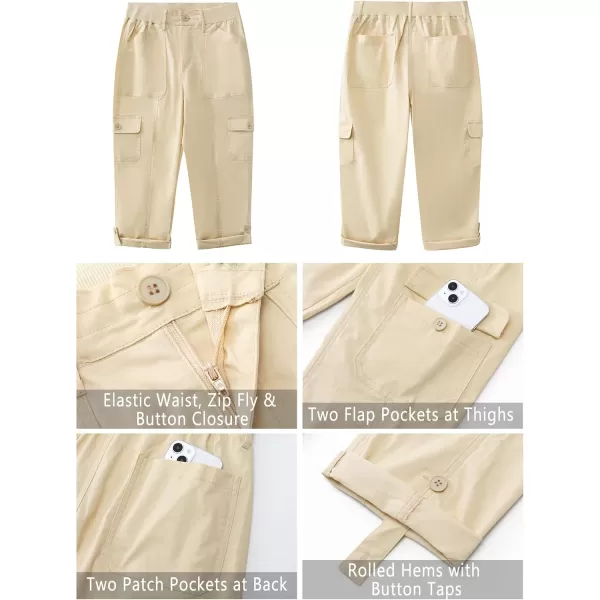 GRAPENT Cargo Capri Pants for Women High Waisted Relaxed Fit Elastic Knit Waist Casual Capris Trousers Cropped PantsBeige