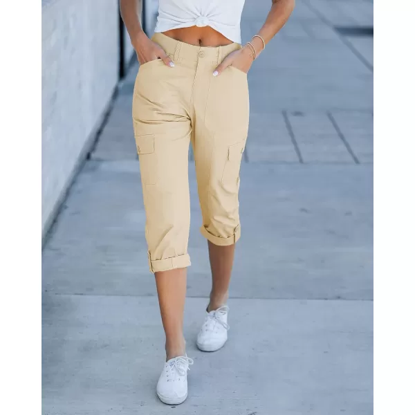 GRAPENT Cargo Capri Pants for Women High Waisted Relaxed Fit Elastic Knit Waist Casual Capris Trousers Cropped PantsBeige