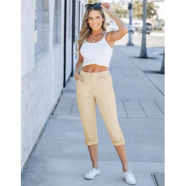GRAPENT Cargo Capri Pants for Women High Waisted Relaxed Fit Elastic Knit Waist Casual Capris Trousers Cropped PantsBeige