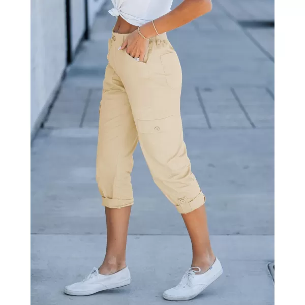 GRAPENT Cargo Capri Pants for Women High Waisted Relaxed Fit Elastic Knit Waist Casual Capris Trousers Cropped PantsBeige