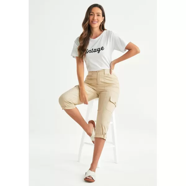 GRAPENT Cargo Capri Pants for Women High Waisted Relaxed Fit Elastic Knit Waist Casual Capris Trousers Cropped PantsBeige