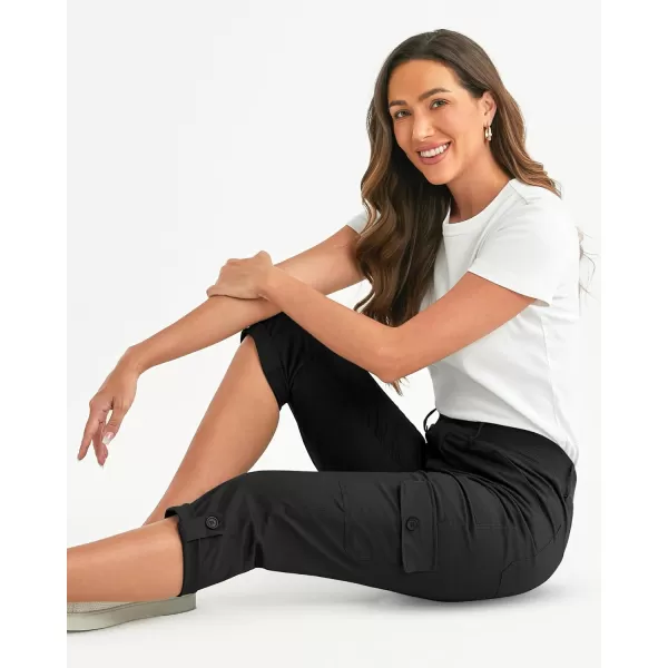 GRAPENT Cargo Capri Pants for Women High Waisted Relaxed Fit Elastic Knit Waist Casual Capris Trousers Cropped PantsBlack