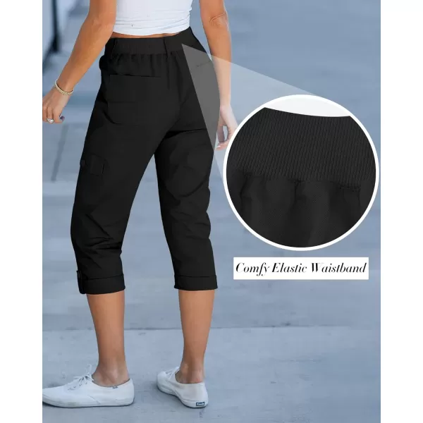 GRAPENT Cargo Capri Pants for Women High Waisted Relaxed Fit Elastic Knit Waist Casual Capris Trousers Cropped PantsBlack