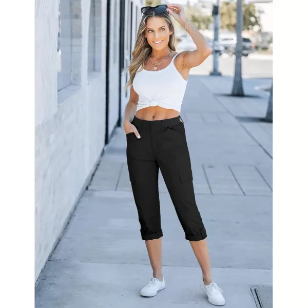 GRAPENT Cargo Capri Pants for Women High Waisted Relaxed Fit Elastic Knit Waist Casual Capris Trousers Cropped PantsBlack