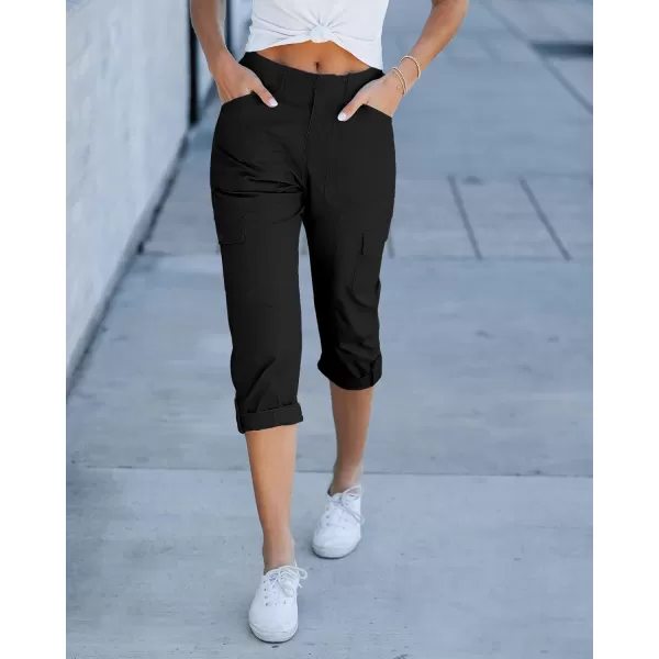 GRAPENT Cargo Capri Pants for Women High Waisted Relaxed Fit Elastic Knit Waist Casual Capris Trousers Cropped PantsBlack